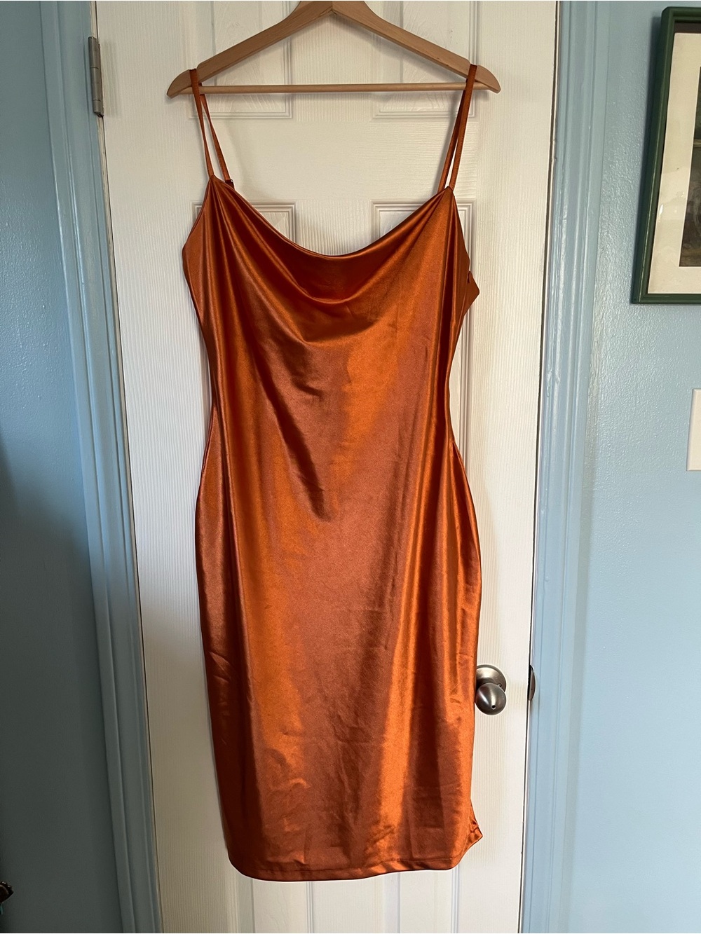Rouched fitted Copper Satin Cowl Midi Dress